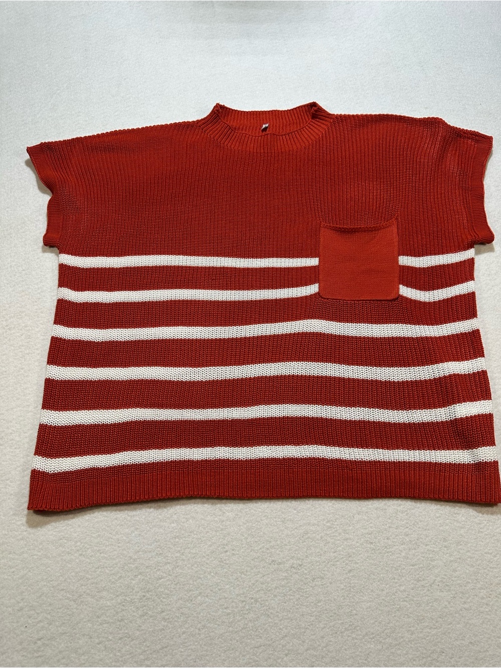 Source unknown Rust Red and White Striped Crewneck Sweater with Patch Pocket